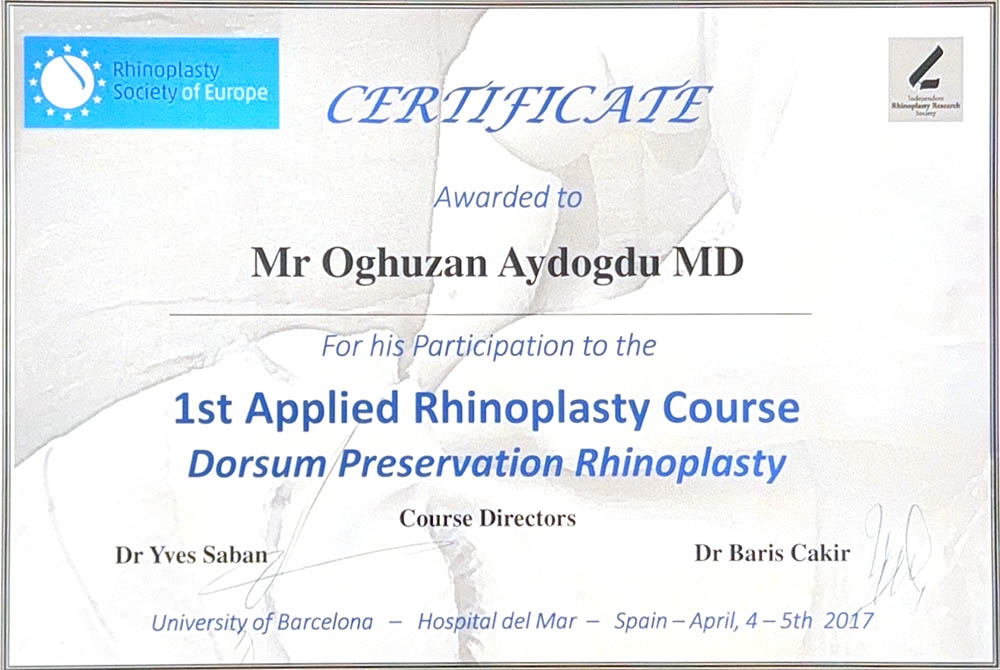 Op. Dr. Oğuzhan Aydoğdu Applied Rhinoplasty Course Barselona sertifikası