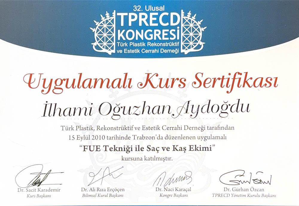 Op. Dr. Oğuzhan Aydoğdu FUE saç ve kaş ekimi kursu Trabzon sertifikası
