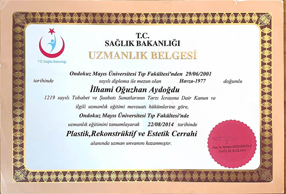 Op. Dr. Oğuzhan Aydoğdu Plastik, rekonstrüktif ve estetik cerrahi uzmanlık belgesi